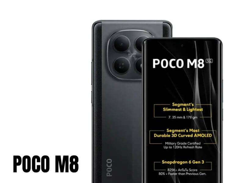 Front and rear view of Poco M8 showing the signature large black camera module and punch-hole curved display