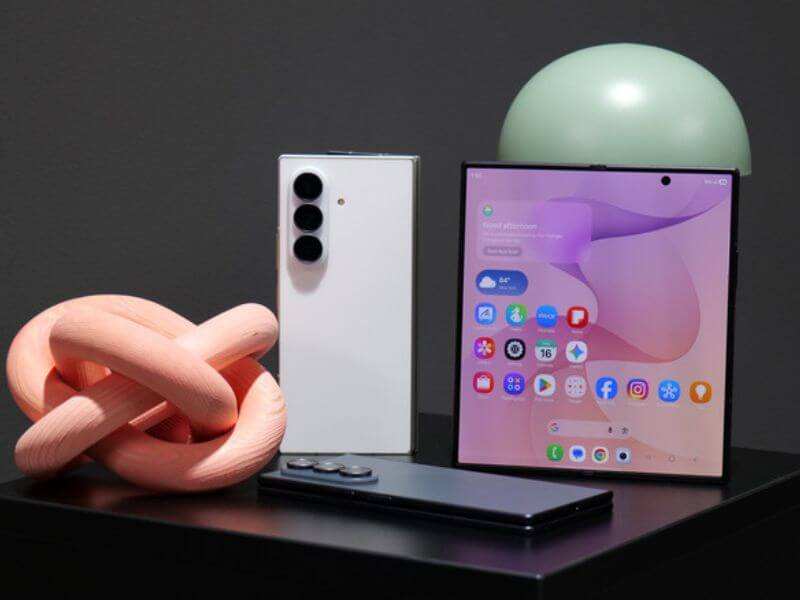 Samsung Galaxy Z Fold 8 Ultra lifestyle setup with white and dark color variants