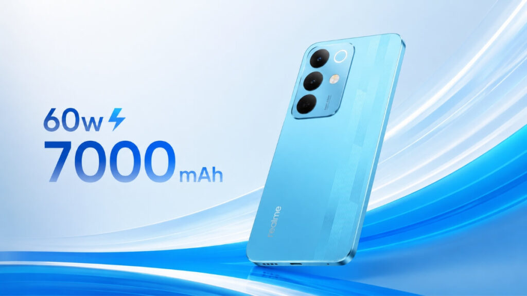 Realme smartphone in light blue color highlighting 60W charging and 7000mAh battery specifications