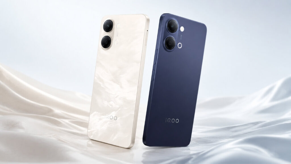 iQOO smartphones in white and dark blue color options showcasing dual rear camera design