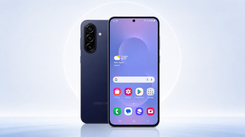 Samsung Galaxy M17 5G showcasing front screen display and blue rear panel with triple cameras