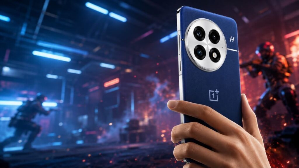 ​OnePlus 13 smartphone in blue color held against a gaming background