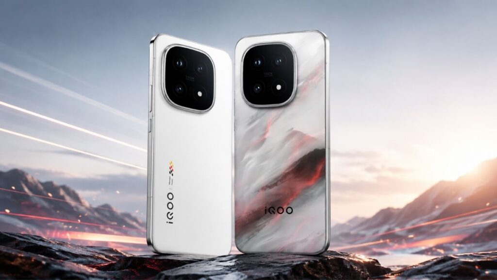 iQOO 15 marble and white finish displayed against a scenic mountain landscape background