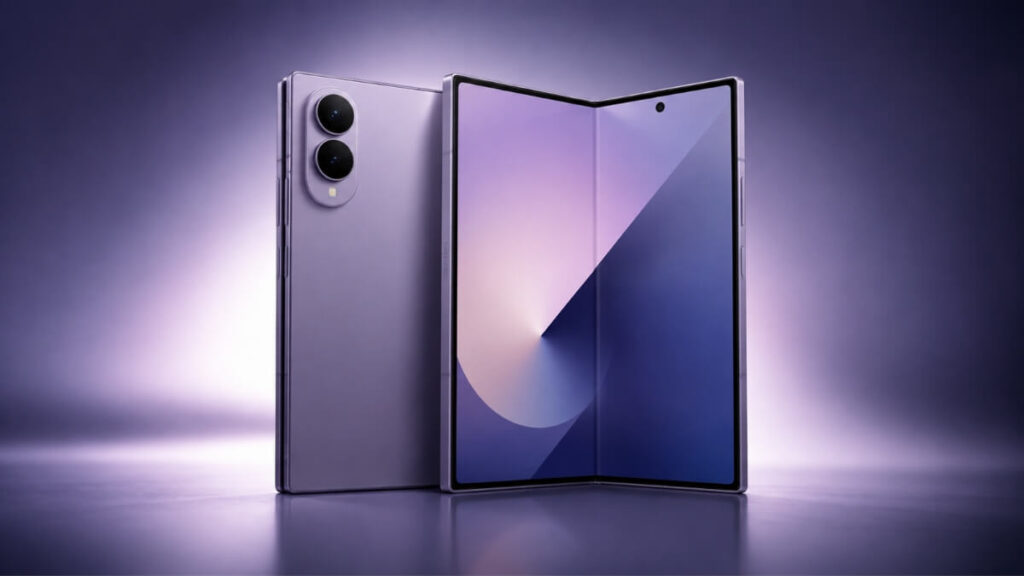 Samsung Galaxy Z Fold 8 phone in purple color displayed on a matching gradient background
