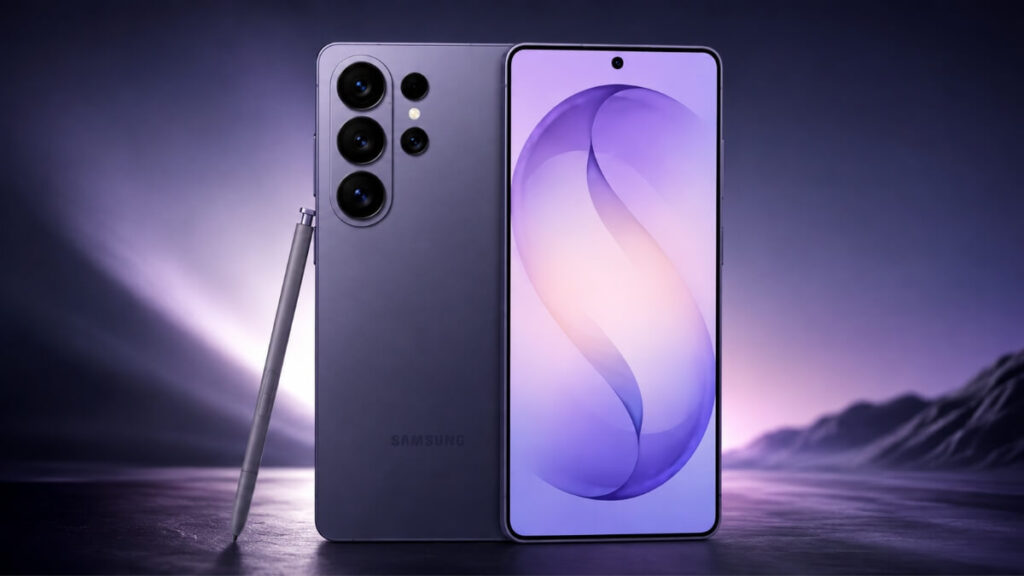 Samsung Galaxy S26 Ultra smartphone in purple color with S-Pen displayed against a landscape background