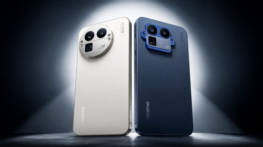 Realme GT 8 Pro phone in white and blue colors featuring unique large camera modules