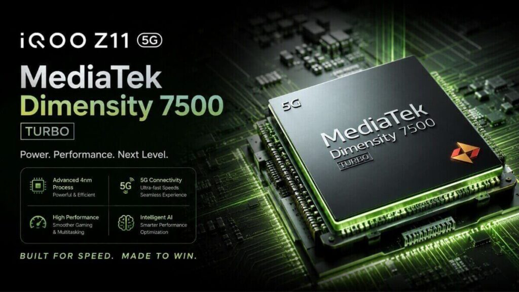 ​iQOO Z11 5G powered by MediaTek Dimensity 7500 Turbo processor showing chipset features and 4nm technology