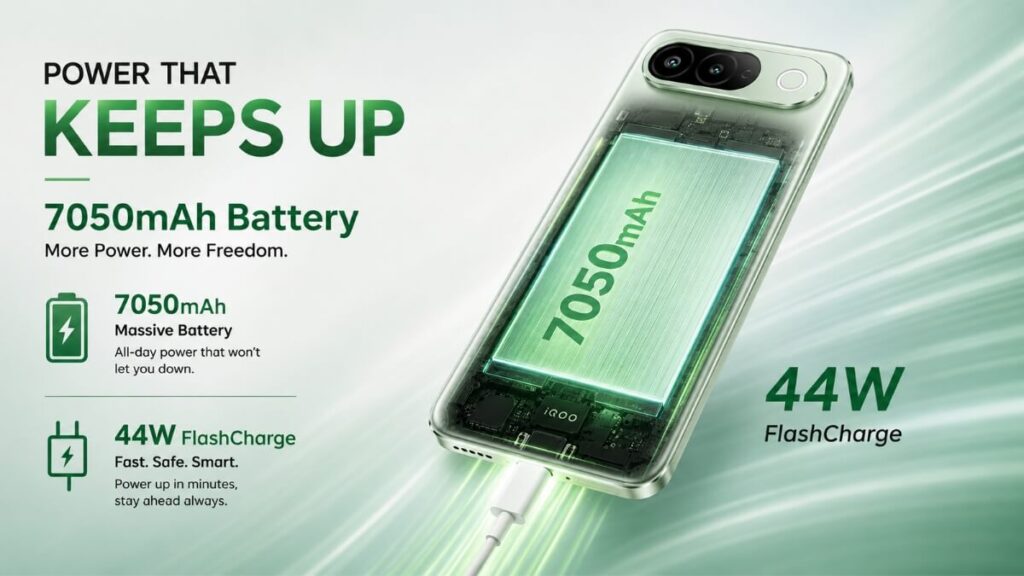 ​Smartphone featuring a massive 7050mAh battery and 44W FlashCharge support showing internal layout