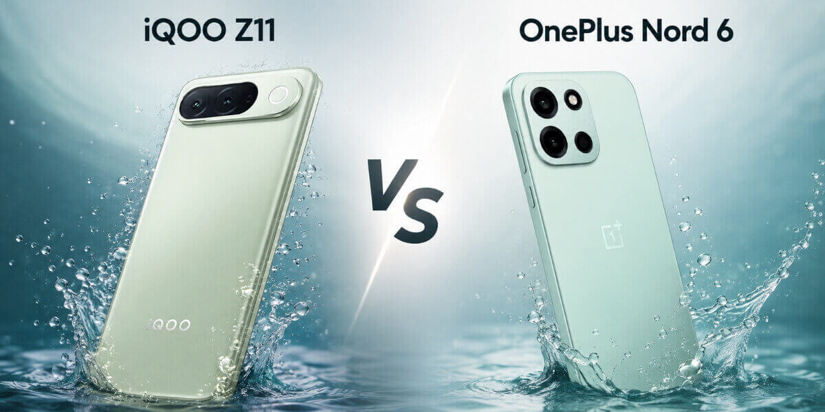 iQOO Z11 vs OnePlus Nord 6 smartphone comparison design and water splash background