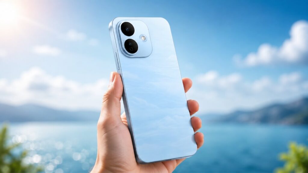​Hand holding a light blue Redmi Note 17 Pro against a scenic sea and mountain background
