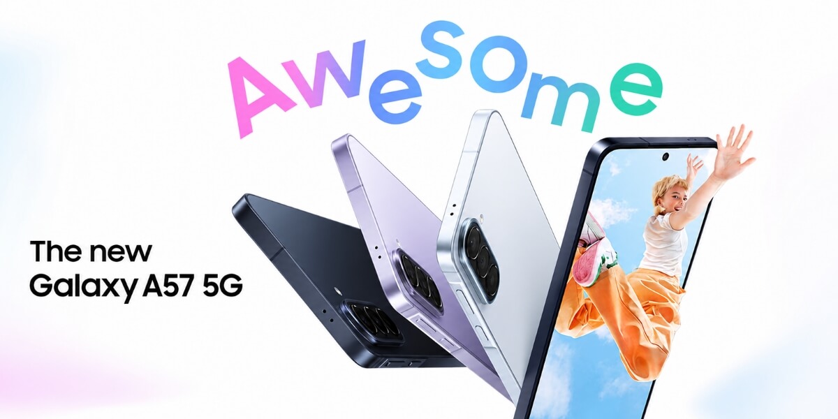 ​Samsung Galaxy A57 5G promotional banner showing color variants and design