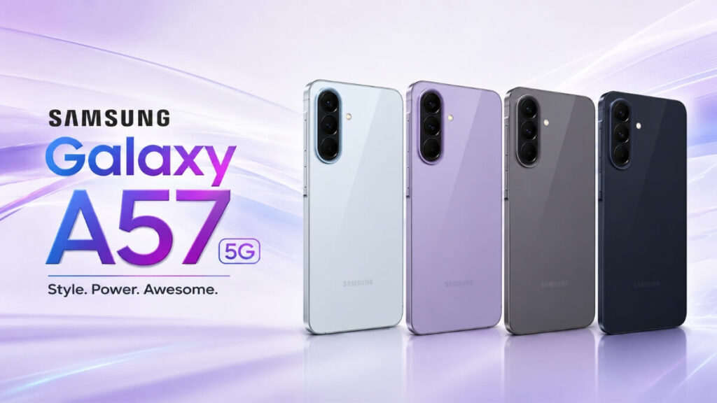 Samsung Galaxy A57 5G color variants lineup in light blue, purple, gray, and navy