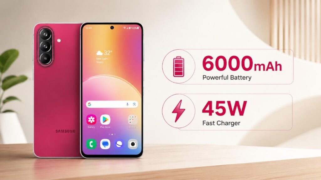 Samsung Galaxy M47 5G battery and charging showcase featuring 6000mAh powerful battery and 45W fast charger
