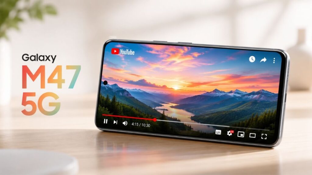 Samsung Galaxy M47 5G display quality showcasing YouTube video streaming on screen