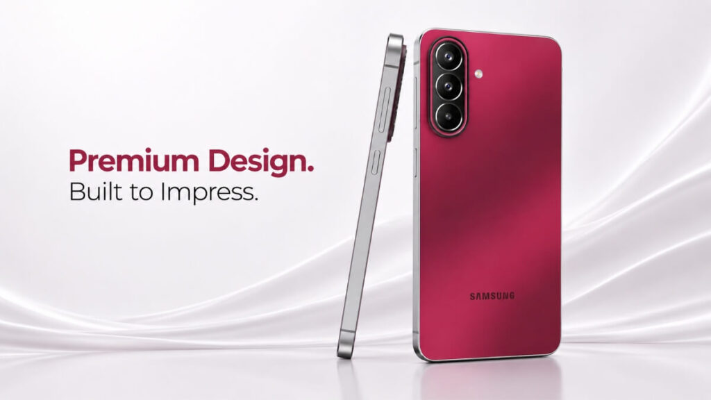 Samsung Galaxy M47 5G premium design and build quality showcase with text Premium Design Built to Impress