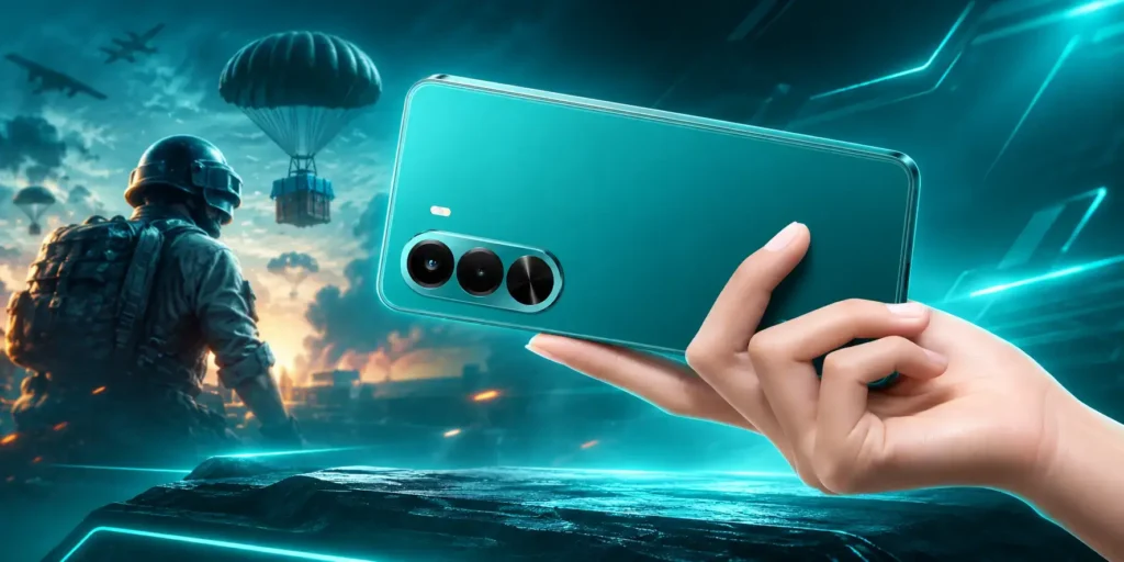 A hand holding a Realme P4x teal-green smartphone with a triple camera setup against a battle royale gaming background featuring a soldier and parachutes