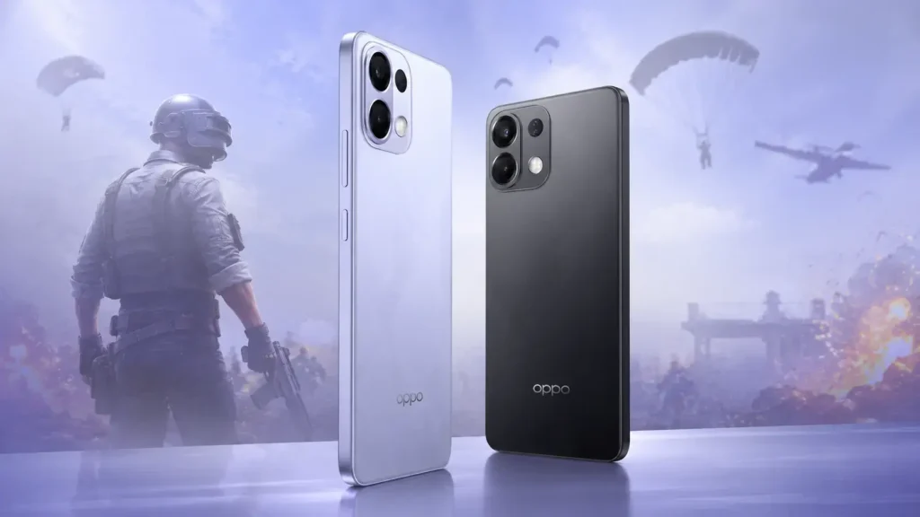 Oppo K13 smartphones in silver and black colors displayed against a gaming-themed background