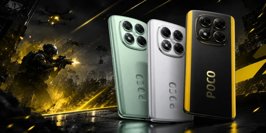 Three Poco X7 smartphones in mint green, silver, and black-yellow colors displayed against a combat-style gaming background