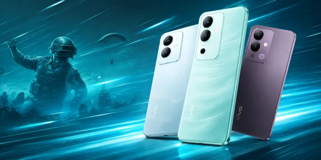 Vivo T4x smartphones in white, turquoise green, and purple colors showcased against a dynamic action-gaming background