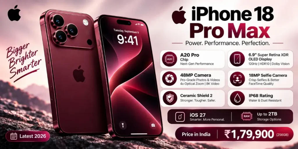 iPhone 18 Pro Max burgundy color with A20 Pro chip, 48MP camera and ₹1,79,900 price