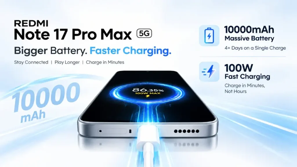 Redmi Note 17 Pro Max 5G featuring 10000mAh massive battery and 100W fast charging support