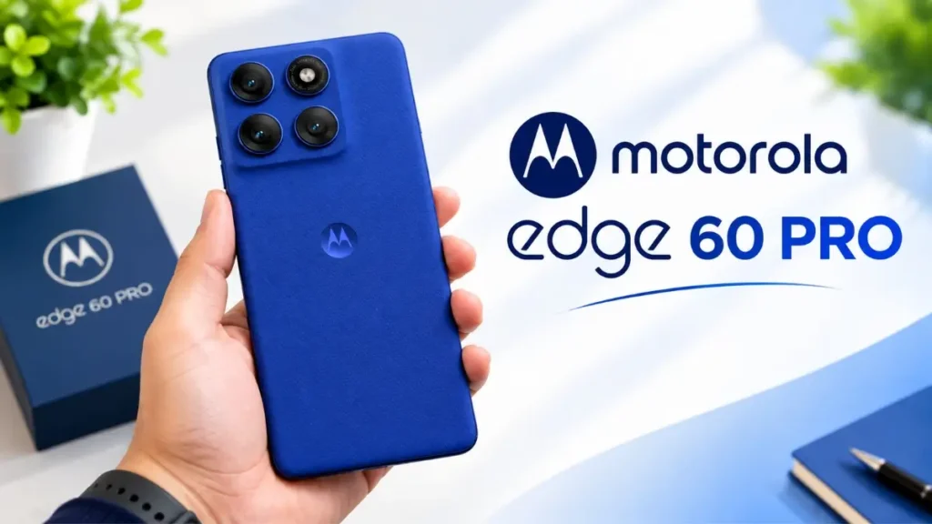 Motorola Edge 60 Pro smartphone in blue color held in hand