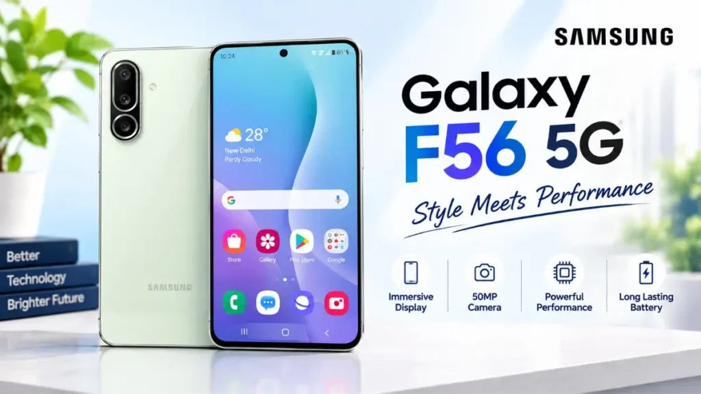 Samsung Galaxy F56 5G smartphone displayed in light green showing front screen and rear vertical camera setup alongside key features icons
