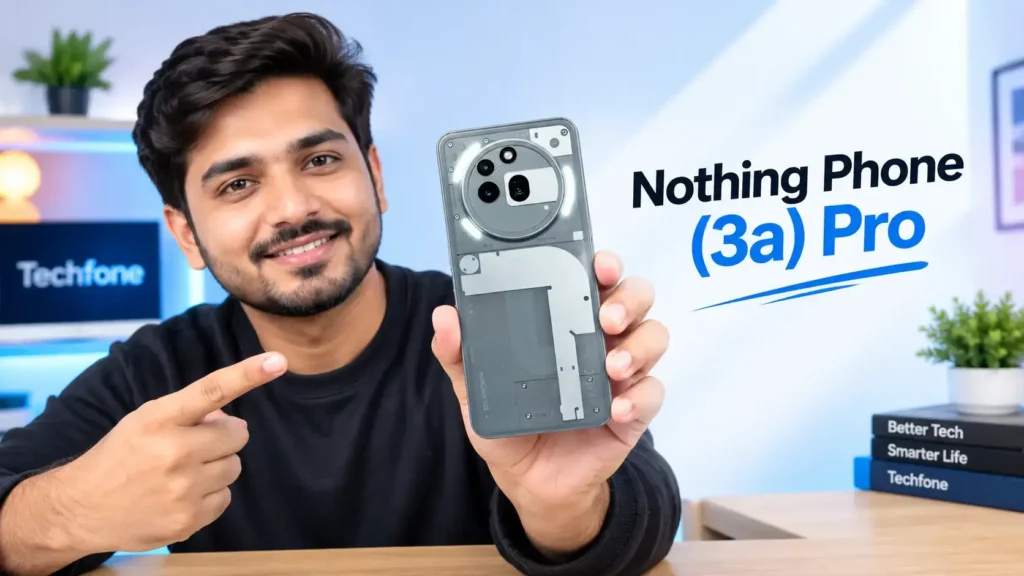 A tech reviewer holding and pointing towards the Nothing Phone (3a) Pro with transparent back design and Glyph interface in a studio setup