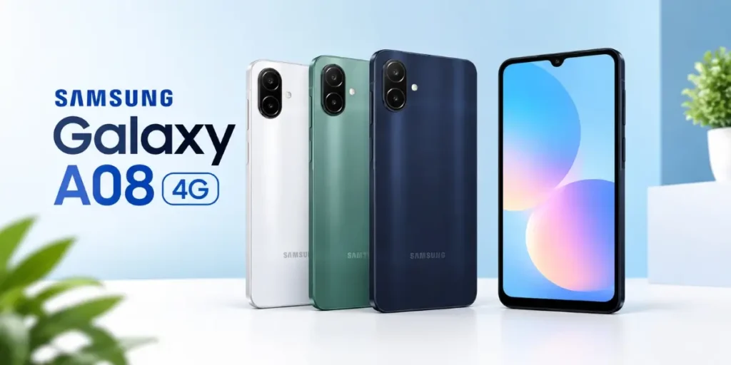 Samsung Galaxy A08 4G smartphone displayed in white, green, and dark blue color variants, showcasing its rear dual-camera setup and front screen.