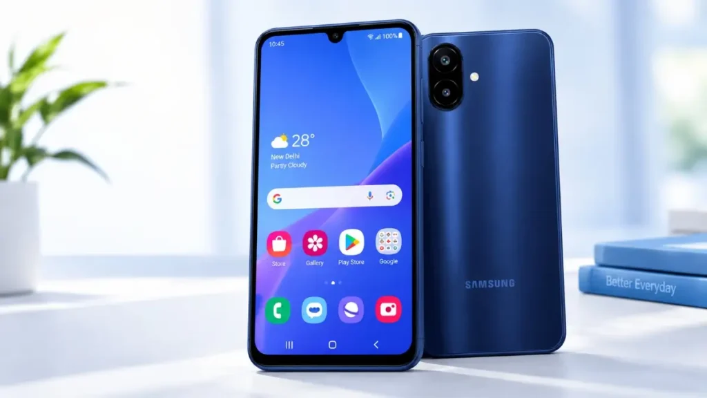 Dark blue Samsung Galaxy A08 4G smartphone displayed from both front and back angles, showing its home screen UI, dual rear cameras, and sleek glossy finish.
