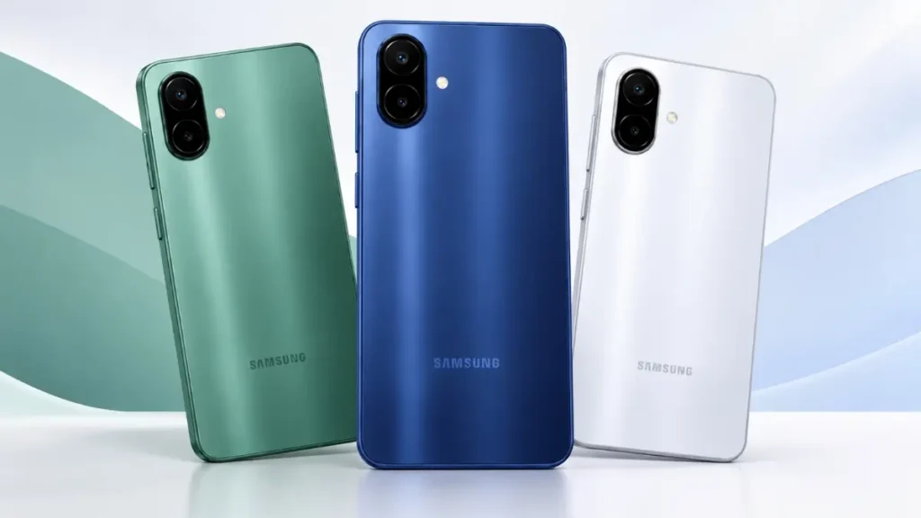 Three Samsung Galaxy A08 4G smartphones placed side by side, showing their glossy rear panels and dual-camera setups in green, blue, and white color variants