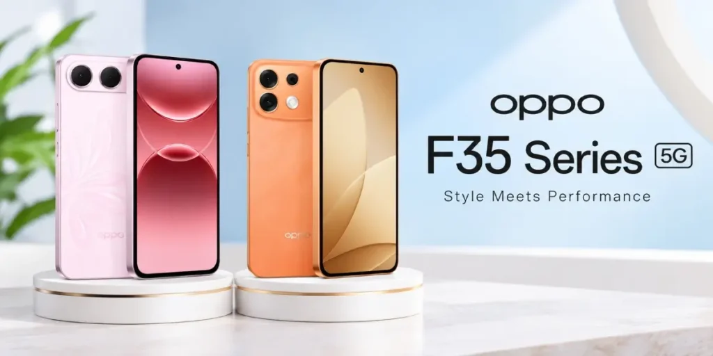 OPPO F35 Series 5G smartphones displayed on stands