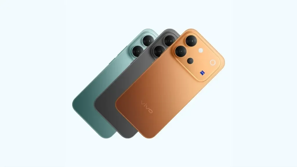 Vivo V80 5G smartphone ke green, grey aur orange colour variants ka back design