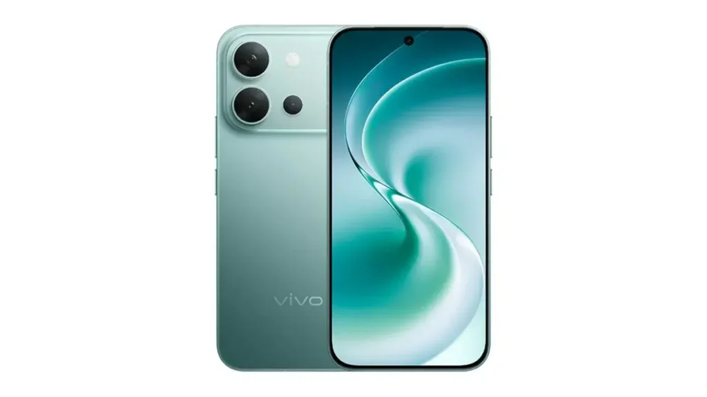 Vivo V80 5G smartphone ka front aur back design green colour mein